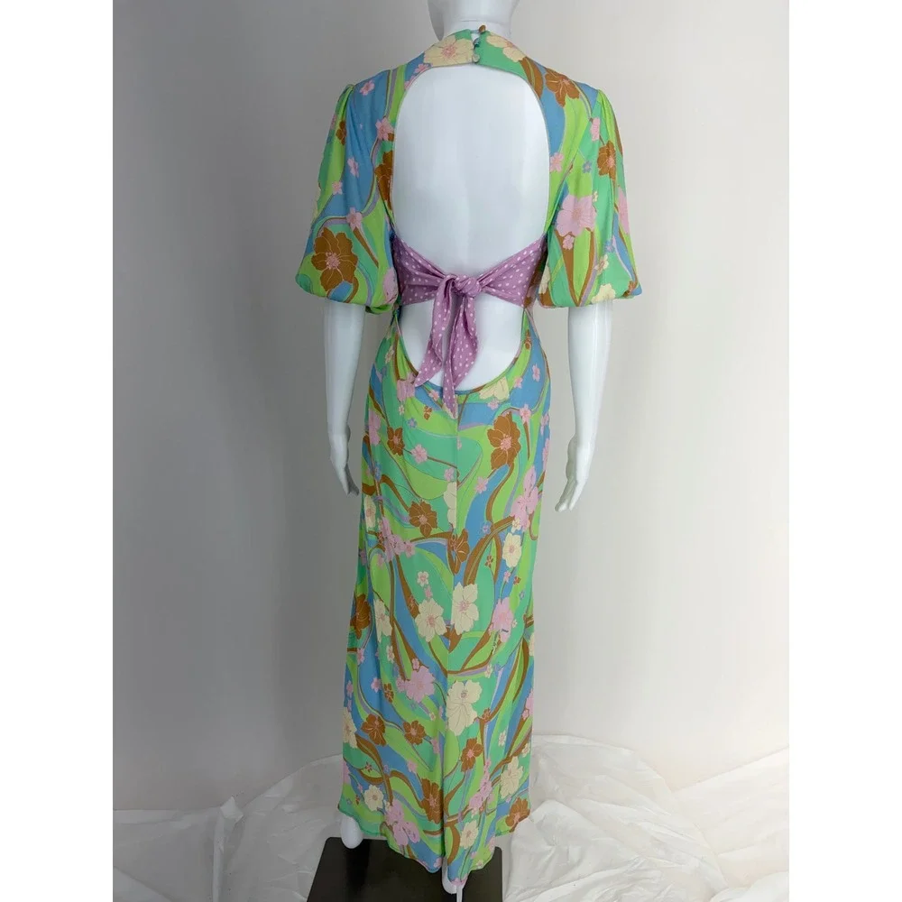 RIXO Steph Maxi Dress Floral Open Back Tie Waist Puff Sleeve Size S - Picture 5 of 9